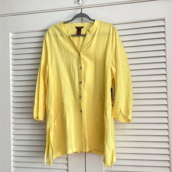 New Multiples Sz XL Bright Yellow 100% Linen A-Line Lagenlook Relaxed Chic - Picture 7 of 15